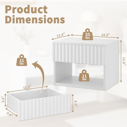 Floating Nightstand Set of 2, Modern Wall Mounted Bedside Tables with Fluted Drawer, Night Stand Small End Table with Open Storage Shelf for Bedroom, Living Room, Small Spaces, White
