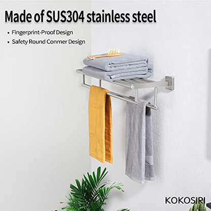 KOKOSIRI 20 Inch Towel Rail Towel Shelf with Double Towel Bars Bathroom Towel Rack Towel Holder Wall Mounted SUS 304 Stainless Steel, Brushed Nickel, B6005BR-L20 - color: Brushed Steel, size: 20 Inch
