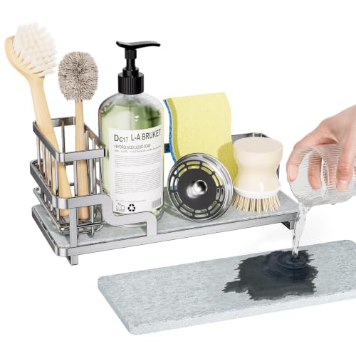 Consumest Sponge Holder for Kitchen Sink - Sink Caddy Organizer with Water Absorbing Stone Tray, Detachable Brush Holder, Stainless Steel Kitchen Counter Organizer Rack, Silver - color: Silver