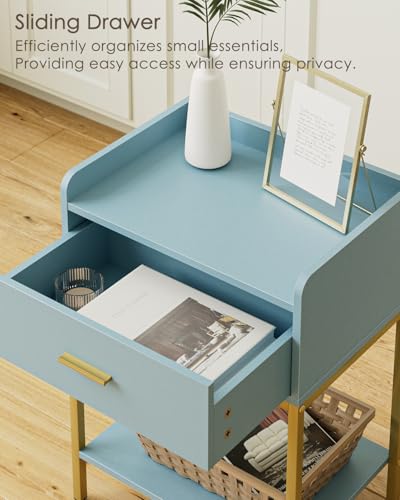 Masupu Nightstand,Bedside Table 3-Tier Modern Night Stand with Storage Drawer and Shelf,Small End Side Table for Bedroom,Living Room,Black (Without Outlet, Blue) - color: Blue