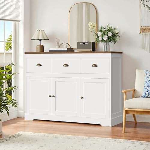 White Buffet Cabinet Storage Kitchen Sideboard Farmhouse Buffet Server Bar Wine Cabinet with 3 Drawers & 3 Doors Adjustable Shelves Console Table for Dining Living Room Cupboard - size: 15.6"D x 47.2"W x 36"H
