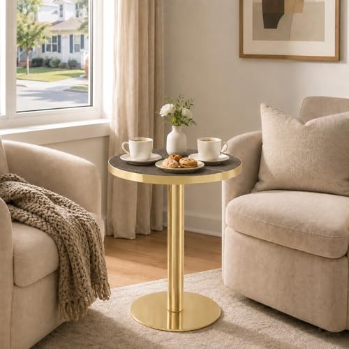 TesNus 23.6" Small Round Dining Table for 2, Circle Tulip Table, Faux Marble Top with Gold Metal Pedestal Base, Modern Leisure Coffee Table for Small Spaces, Cafe, Office, Gray&Gold - color: Gray Top&gold Base