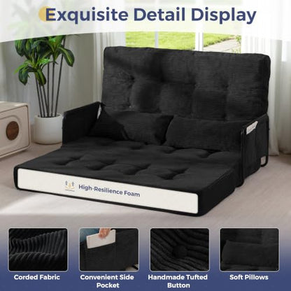 MAXYOYO Adjustable Folding Sofa Bed Couch with 2 Pillows, Black | Multi-Functional Bean Bag Bed, 5-Position Foldable Lazy Floor Sofa Bed with Armrest, Versatile Floor Seating for Reading - color: Black