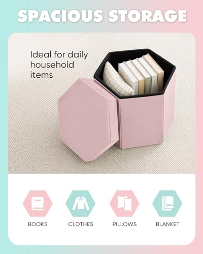 B FSOBEIIALEO Storage Ottoman Cube Hexagonal Pouf Ottomans, Foot Rest Seat for Sofa Footrest Entryway Shoe Footstool for Living Room/Bedroom/Entrway Velvet Pink 16.93"x15"x15" - color: Pink
