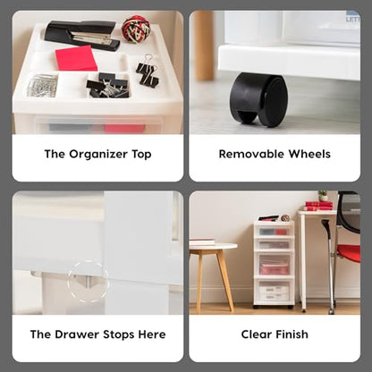 IRIS USA 4-Drawer Rolling Storage Cart, White/Clear | Keep classroom supplies, teacher essentials, craft materials, and learning tools organized with easy-access drawers. - size: Standard