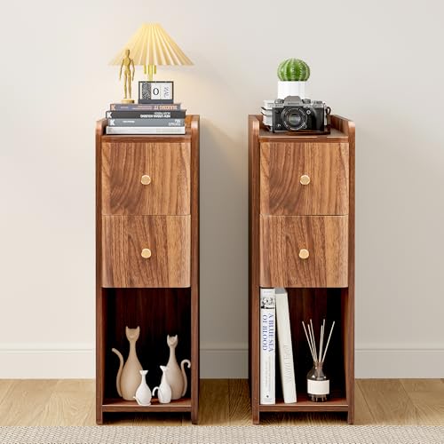 Narrow Nightstand Set of 2, Wooden Small 2 Drawer Nightstand, Slim Side End Table, Skinny Bedside Table, Mid Century Modern Night Stand with Drawers for Bedroom (Walnut-2 pcs) - color: Walnut-2 Pcs