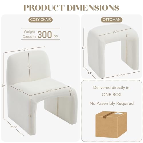 Hyfirm Chenille Accent Chair with Matching Side Table, White | Sculptural armless reading chair with matching upholstered side table for living rooms, bedrooms, and reading nooks - color: White Chenille