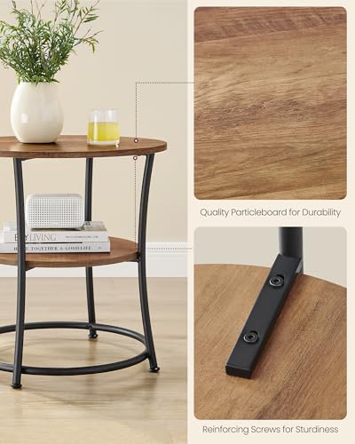 VASAGLE 21.7-Inch Round Side Table, 2-Tier End Table | Nightstand with Steel Frame, Spacious Top, for Small Spaces, Living Room, Bedroom, Honey Brown and Ink Black ULET077K02 - color: Honey Brown + Ink Black, style: With Power Strip