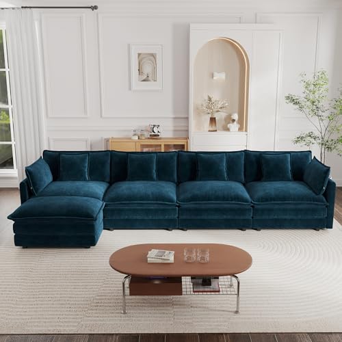 Modular Sectional Sofa, 146.5 Inch L Shaped Couch Set for Living Room, 4-Seater Comfy Cloud Couches with Movable Ottoman, DIY Combination, Chenille, Blue - color: Blue, size: 146.5 Inch- L