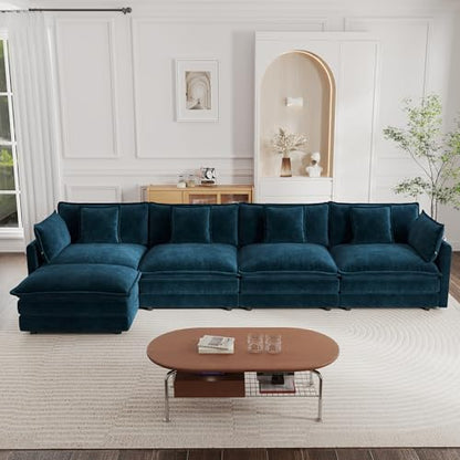 Modular Sectional Sofa, 146.5 Inch L Shaped Couch Set for Living Room, 4-Seater Comfy Cloud Couches with Movable Ottoman, DIY Combination, Chenille, Blue - color: Blue, size: 146.5 Inch- L