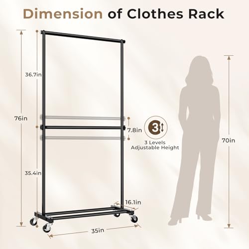 Double Rod Clothes Rack, 35" Wide Rolling Rack for Clothes, Portable Clothing Racks for Hanging Clothes, Metal Garment Racks with Wheels for Bedroom Laundry, Black - color: Black