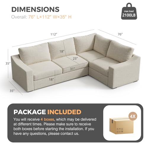 Convertible Sectional Sofa, L Shaped Couch, Natural Linen Fabric Couches with Extra Deep Seats, Big Comfy Couch Upholstered Modern Corner Sofa for Living Room, Office, Oatmeal - color: Oatmeal, size: 112 Inch - V Shaped(4 Seat)