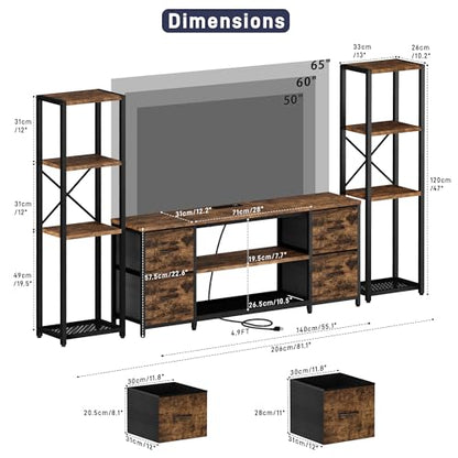LED TV Stand Bookshelf Combo with Charging Station for 65 60 55 Inch TV, Entertainment Center with Lights & Drawers, Industrial Media TV Console Table for Living Room Bedroom Office, Rustic Brown - color: Rustic Brown