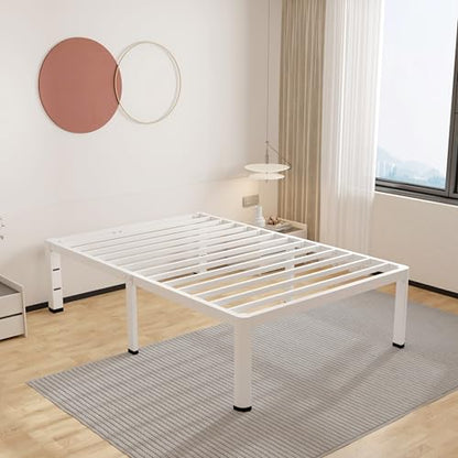 ROIL 18 Inch White Twin Bed Frame with Rounded Corner & 4 Mattress Baffles | Easy Assembly, Noise Free, 3500LBS Load Capacity, No Box Spring Needed, 16.4" Storage Space, Headboard Hole, Heavy Duty Steel - size: Twin, style: 18 Inch White