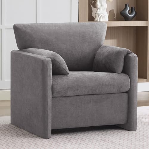 Oversized Accent Chair for Living Room, Large Modern Armchair with Deep Seat, Mid-Century Comfy Reading Chair with Padded Arms, Chenille Single Sofa Chairs for Bedroom, Light Grey, Regular, 1PC - color: Light Grey, size: Regular