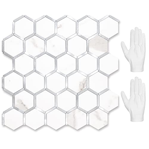 STICKGOO Hexagon Peel and Stick Backsplash Tile, Stick on Backsplash for Kitchen and Bathroom, White Marble Look PVC Mixed Metal Silver Self Adhesive Wall Tiles(10 Sheets, Seamless) - color: White Marble with Metal Silver