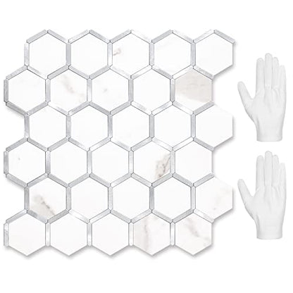 STICKGOO Hexagon Peel and Stick Backsplash Tile, Stick on Backsplash for Kitchen and Bathroom, White Marble Look PVC Mixed Metal Silver Self Adhesive Wall Tiles(10 Sheets, Seamless) - color: White Marble with Metal Silver