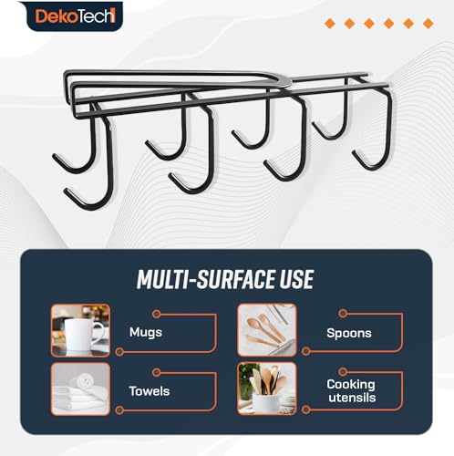 Under Shelf Mug Holder, Metal Cup Rack with 8 Hooks, Space-Saving Kitchen Storage Organizer, Black, Drill-Free Installation