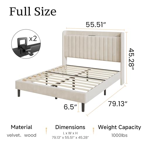 Full Velvet Bed Frame with Storage Headboard & Charging Station | Vertical Channel Tufted, Mattress Non-slip Design, No Box Spring Needed, Noise-Free, Easy Assembly, Sturdy, Wingback - color: Beige, size: Full