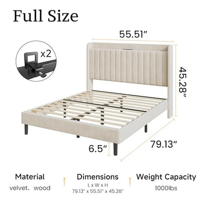 Full Velvet Bed Frame with Storage Headboard & Charging Station | Vertical Channel Tufted, Mattress Non-slip Design, No Box Spring Needed, Noise-Free, Easy Assembly, Sturdy, Wingback - color: Beige, size: Full