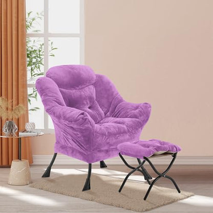Youtanic Lazy Chair with Folding Ottoman, Accent Chair Plush Upholstered with Metal Structure and Non-Slip Pads, Sofa Armchair with Footrest and Side Storage Bag for Dorm, Room, Office, Purple - color: Plush Purple
