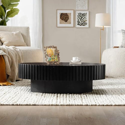 Oval Drum Fluted Coffee Table (A) | Modern Wood Coffee Table with Oval Pedestal Center Tables Fluted Accent Tea Tables for Apartment Living Room - color: A