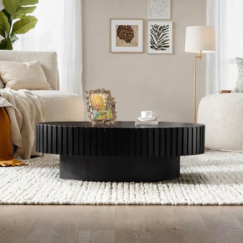 Oval Drum Fluted Coffee Table (A) | Modern Wood Coffee Table with Oval Pedestal Center Tables Fluted Accent Tea Tables for Apartment Living Room - color: A