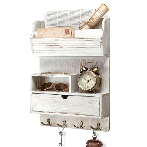 Rebee Vision Pine Wood Key Holder Wall Mount with Shelf & Drawer, Whitewash | Farmhouse Mail and Key Organizer, 4 Key Hooks, Stores Letters and Small Items, Adds Retro Charm, Apartment Entryways - color: Whitewash