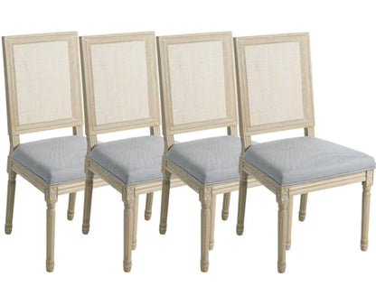 Kmax Farmhouse Dining Room Chairs, Fabric French Distressed Bedroom Chairs with Rectangle Rattan Back, Elegant Tufted Kitchen Chairs, Set of 4, Grey - color: Brown Wash/Rattan Grey, size: 4 Chairs