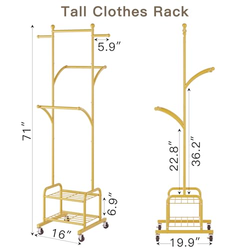 Rolling Clothes Rack with 2 Shelves, Small Gold Clothing Rack with Wheels | Gasvadivum 71" Tall Sturdy Metal Garment Rack with 3 Hanging Rods, Freestanding Portable Coat Rack for Bedroom, Entryway - color: Gold