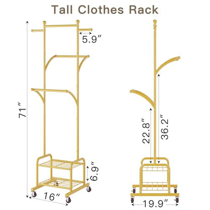 Rolling Clothes Rack with 2 Shelves, Small Gold Clothing Rack with Wheels | Gasvadivum 71" Tall Sturdy Metal Garment Rack with 3 Hanging Rods, Freestanding Portable Coat Rack for Bedroom, Entryway - color: Gold
