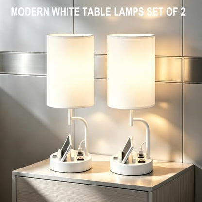 Dreamholder 2 Pack Table Lamp, Bedside Lamp with 3 USB Charging Ports & AC Outlet, USB Desk Lamp with 2 Phone Holders, Linen Fabric Shade Nightstand Lamps for Bedroom Living Room Office, White - color: White