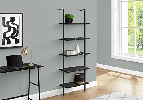 Monarch Specialties I 3684 Bookshelf, Bookcase, Etagere, Ladder, 5 Tier, 72" H, Office, Bedroom, Metal, Laminate, Black Marble Look, Black, Contemporary, Modern