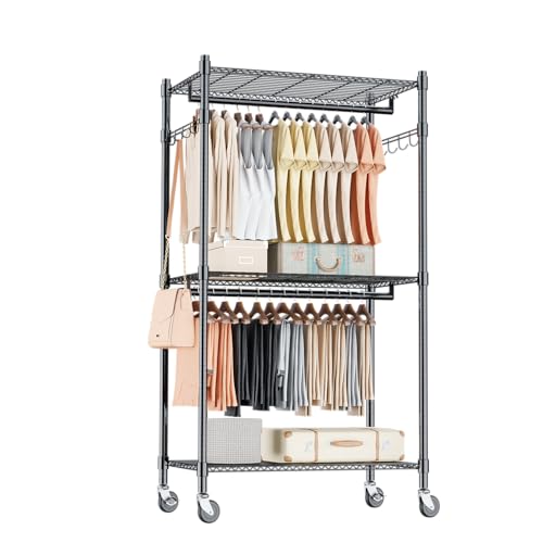 Homdox Heavy Duty Clothing Rack with 3 Tier Adjustable Wire Shelves, Garment Racks for Hanging Clothes, Double Rods Clothing Rack, Freestanding Closet Wardrobe with Side Hooks, Black - color: Black, size: 16.54"D x 23.62"W x 80.71"H