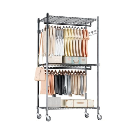 Homdox Heavy Duty Clothing Rack with 3 Tier Adjustable Wire Shelves, Garment Racks for Hanging Clothes, Double Rods Clothing Rack, Freestanding Closet Wardrobe with Side Hooks, Black - color: Black, size: 16.54"D x 23.62"W x 80.71"H