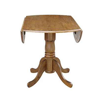 42" Round Dual Drop Leaf Pedestal Dining Table Solid Wood, Easy Assembly, Sturdy Parawood, Kitchen/Dining Room, 29.5"H x 42"W x 42"D, 20mm Thickness Top, Includes Two 9" Drop Leaves - color: Pecan