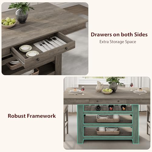 Farmhouse Dining Counter Height Table with Wine Rack & 3 Shelves, 36" Wooden Tall Dining Table with 2 Drawers, Thick Frame Counter Height Kitchen Table for Bar & Entertaining, Retro Gray - color: Retro Gray