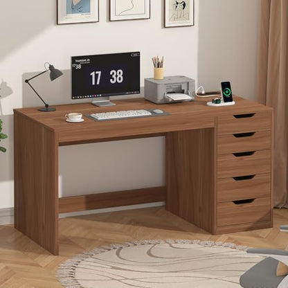 47 Inch Computer Desk with 5 Drawers and Power Outlets for Small Spaces | Home Office Desks with Storage File Cabinet and Charging Station, Modern Simple Laptop Desk Writing Table, Brown - color: Brown