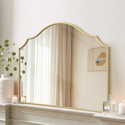 Besdomus Gold Scalloped Dresser Mirror: 35"x26" Wooden Bathroom Mirror | Modern Minimalist Decorative Arched Wall Mirror for Vanity/Mantel/Bedroom/Entryway/Fireplace/Nightstand/Dining Room/Over Sink - color: Gold Leaf, size: 26"L x 35"W