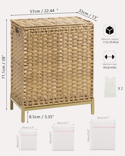 SETVSON Laundry Hamper with Lid, 112 L Handwoven Rattan Wicker Laundry Basket, 2 Removable Liner Bags Metal Heightened Feet, 6 Mesh Bags, 2 Section Large Clothes Hamper for Bathroom Bedroom, Natural - color: Natural, size: 112 L - 29.6 gal