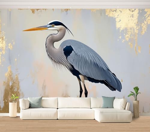 Wall Mural Heron Bird Painting Gold Foil Animal Coastal Blue Feathers Beak Peel & Stick Wallpaper Removable Self-Adhesive Large Wall Sticker Wall Decor for Bedroom Living Room Nursery 100"x144" - color: Multi4, size: 100"x144"