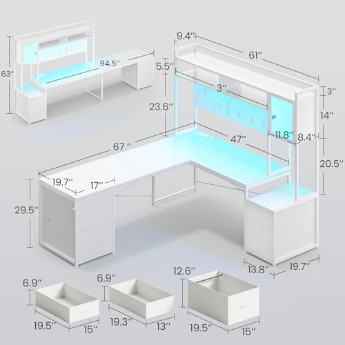 SEDETA Reversible L Shaped Gaming Desk with 6 Drawers, Hutch, Led Lights | Computer Corner Desk with File Drawer, Storage Shelves for Home Office, Gaming Two Person Desk with Power Outlet, White - color: White