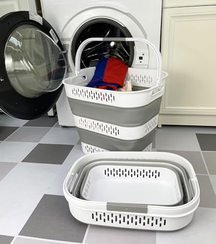 SAMMART 38L(10 Gal) Collapsible Laundry Basket - Foldable Pop-Up Storage Container/Organizer-Portable Space Saving Hamper, Measure 17.5x13.3x15.7"/3.8" Expanded/Collapsed (2, White/Grey) - color: White/Grey