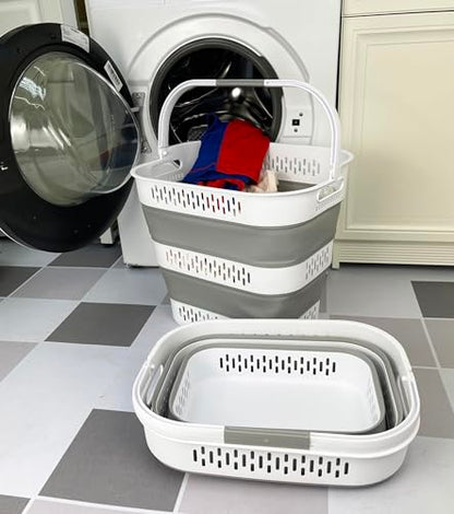 SAMMART 38L(10 Gal) Collapsible Laundry Basket - Foldable Pop-Up Storage Container/Organizer-Portable Space Saving Hamper, Measure 17.5x13.3x15.7"/3.8" Expanded/Collapsed (2, White/Grey) - color: White/Grey