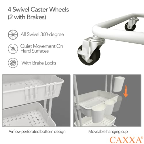 3-Tier Rolling Storage Organizer with 3 Small Baskets - Mobile Utility Cart with Caster Wheels (White)