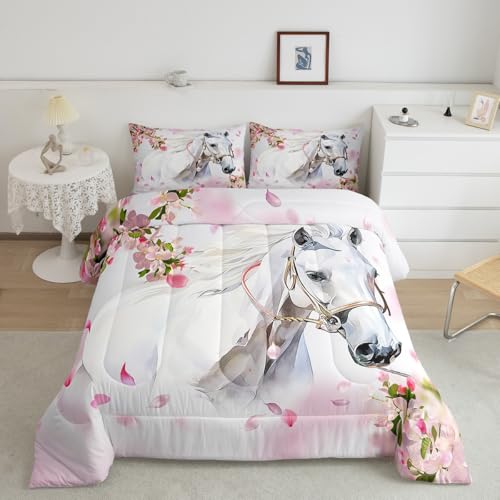 Feelyou White Horse Comforter Set Girls Chic Pink Floral Flowers Bedding Set Watercolor Wild Animal Design Comforter for Children Teens Bedroom Decor Wildlife Duvet Set Twin Size with 1 Pillow Case - color: Multi 016, size: Twin