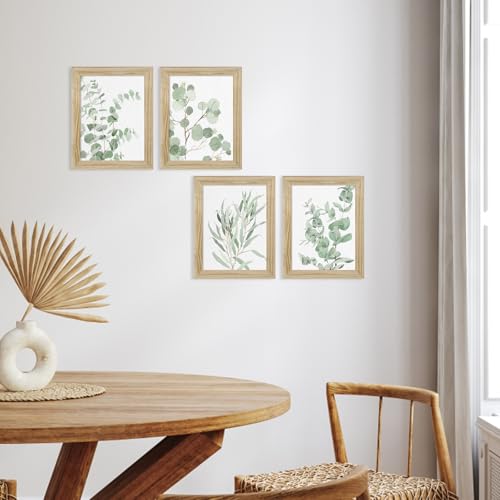 Botanical Plant Wall Art Prints: Sage Green Eucalyptus Picture Decor 4 Piece Framed Boho Leaves Poster for Bathroom Bedroom Living Room Home Decoration 8" x 10"