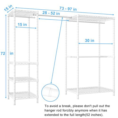 E10 Clothes Rack（With Stretchable Hanger Rod）Freestanding Clothing Racks for Hanging Clothes，Adjustable Closet Organizer System，Portable Garment Rack 73-97"W x 15" D x 72" H，Max Load 800LBS，White - color: White
