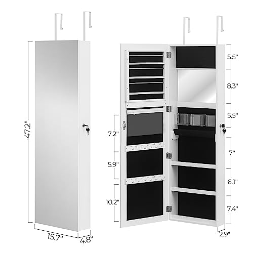 47.2" Wood Jewelry Mirror Cabinet,Wall or Door Mounted Jewelry Storage Cabinet,Space-Saving Large Jewelry Armoire Organizer,with Lock & Full-Length Mirror,for Living Room, Bedroom, Cloakroom (White) - size: 40x12x120cm