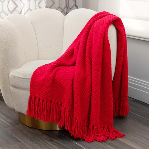 Nicole Miller Chloe Textured Soft Knit Throw Blanket with Tassels – for Home, Couch, Bed, Living Room - 50" x 60” (Tomato) - color: Tomato